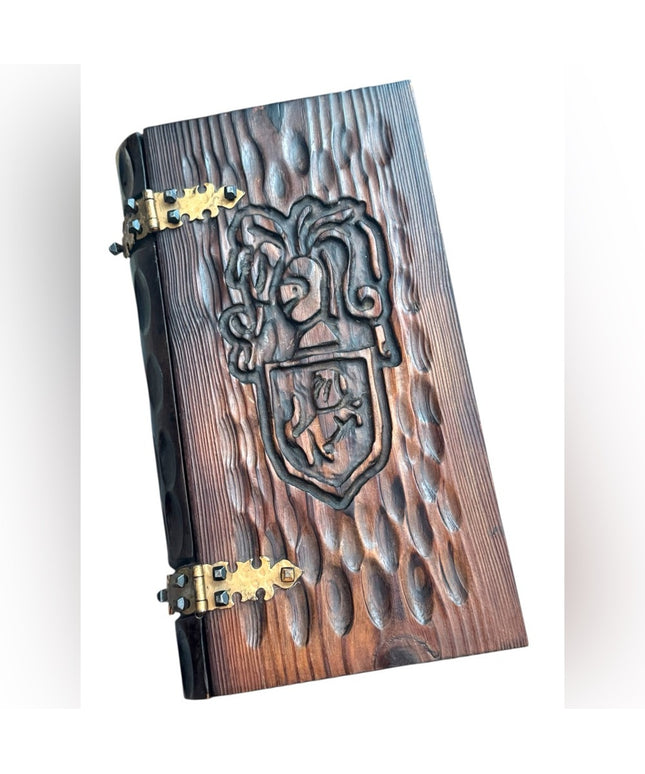 Vintage 1960s Gothic Revival Hand Carved Knight Italy Wood Book Jewelry Box