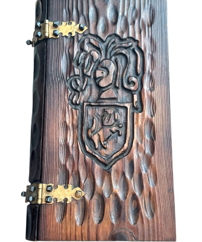 Vintage 1960s Gothic Revival Hand Carved Knight Italy Wood Book Jewelry Box