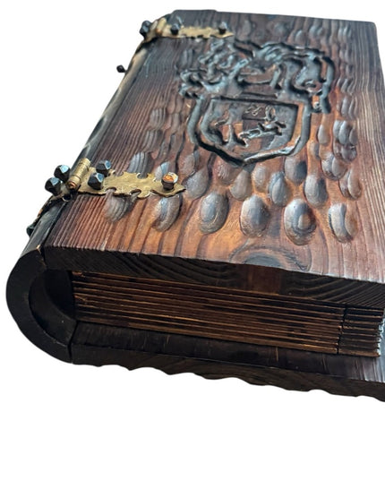Vintage 1960s Gothic Revival Hand Carved Knight Italy Wood Book Jewelry Box