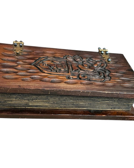 Vintage 1960s Gothic Revival Hand Carved Knight Italy Wood Book Jewelry Box