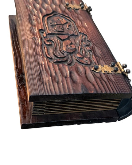 Vintage 1960s Gothic Revival Hand Carved Knight Italy Wood Book Jewelry Box