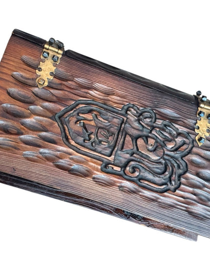 Vintage 1960s Gothic Revival Hand Carved Knight Italy Wood Book Jewelry Box