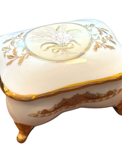 Elegant Vintsge Limoges Gold and Cream Floral Small Jewelry Trinket Box