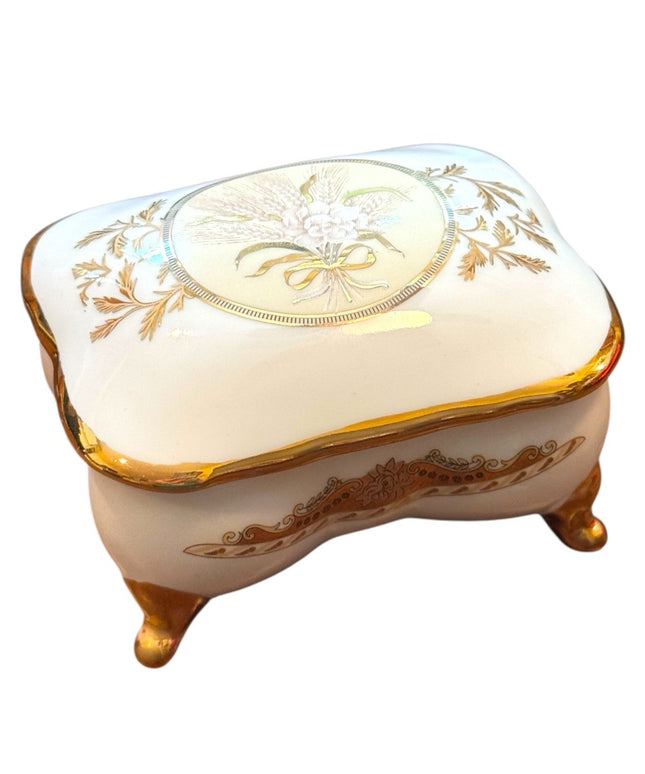 Elegant Vintsge Limoges Gold and Cream Floral Small Jewelry Trinket Box