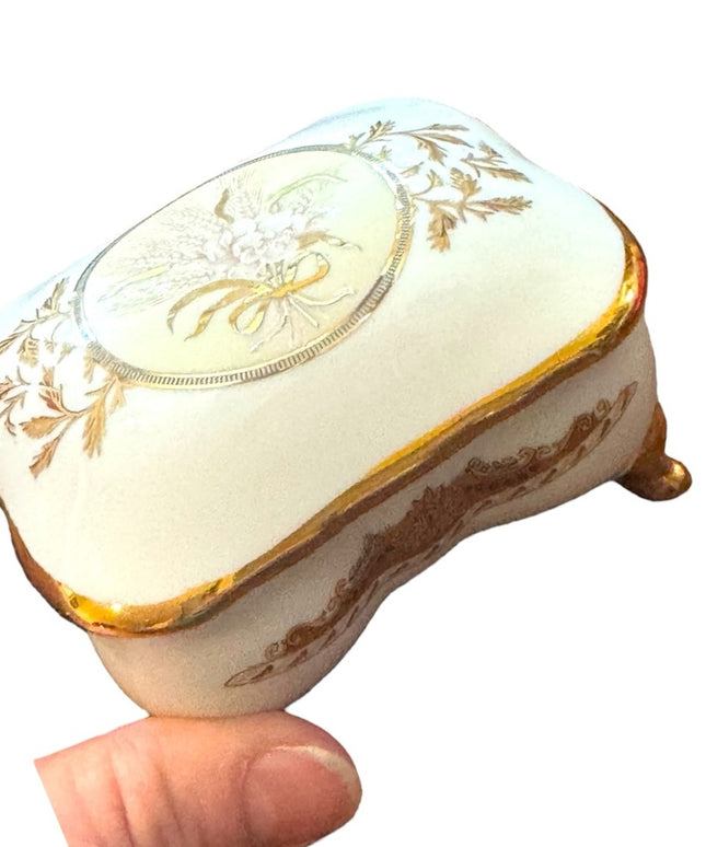 Elegant Vintsge Limoges Gold and Cream Floral Small Jewelry Trinket Box