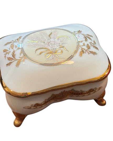 Elegant Vintsge Limoges Gold and Cream Floral Small Jewelry Trinket Box