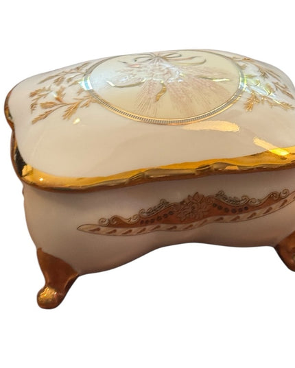 Elegant Vintsge Limoges Gold and Cream Floral Small Jewelry Trinket Box