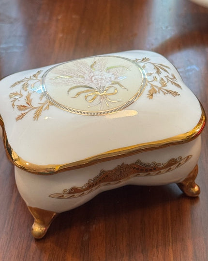 Elegant Vintsge Limoges Gold and Cream Floral Small Jewelry Trinket Box