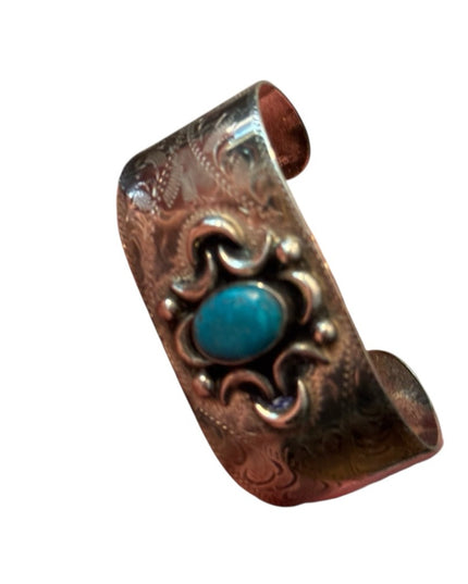 Vintage Mexico Alpaca Turquoise Handmade Etched Cuff Bracelet Southwestern