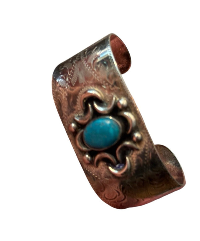 Vintage Mexico Alpaca Turquoise Handmade Etched Cuff Bracelet Southwestern