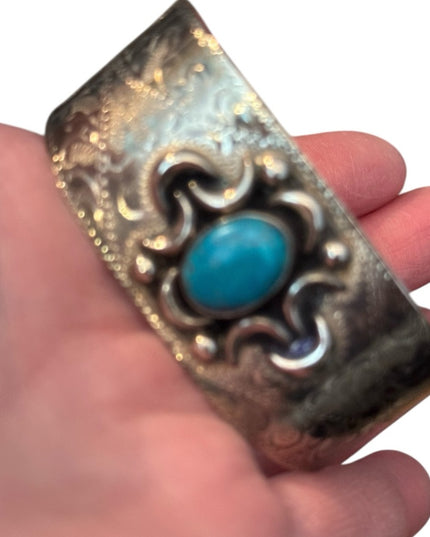 Vintage Mexico Alpaca Turquoise Handmade Etched Cuff Bracelet Southwestern