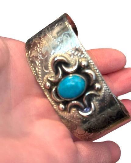 Vintage Mexico Alpaca Turquoise Handmade Etched Cuff Bracelet Southwestern