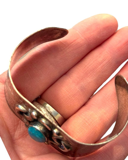 Vintage Mexico Alpaca Turquoise Handmade Etched Cuff Bracelet Southwestern