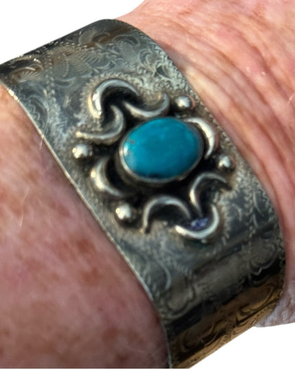 Vintage Mexico Alpaca Turquoise Handmade Etched Cuff Bracelet Southwestern