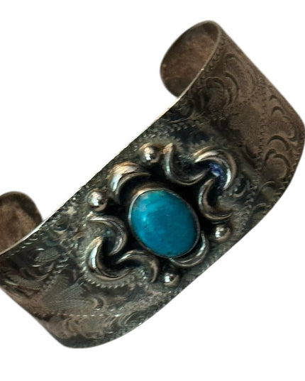 Vintage Mexico Alpaca Turquoise Handmade Etched Cuff Bracelet Southwestern