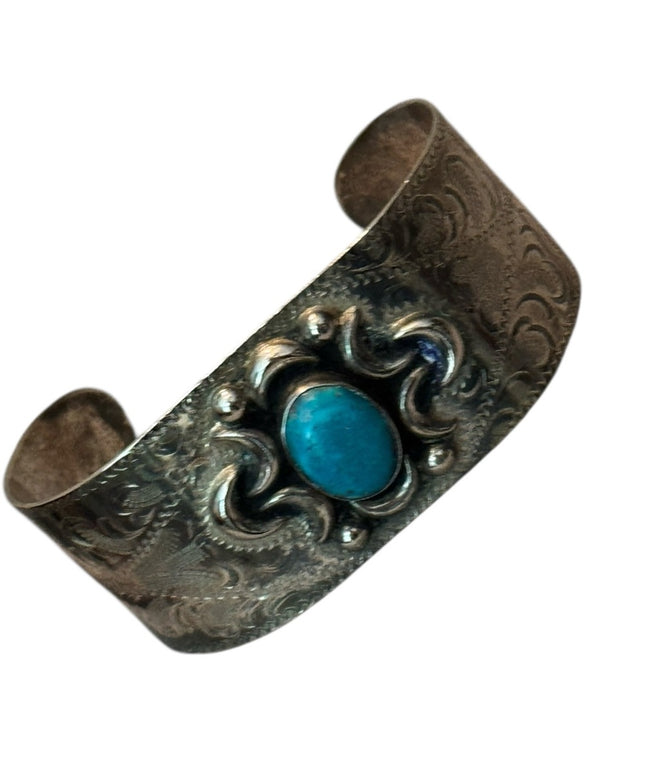Vintage Mexico Alpaca Turquoise Handmade Etched Cuff Bracelet Southwestern