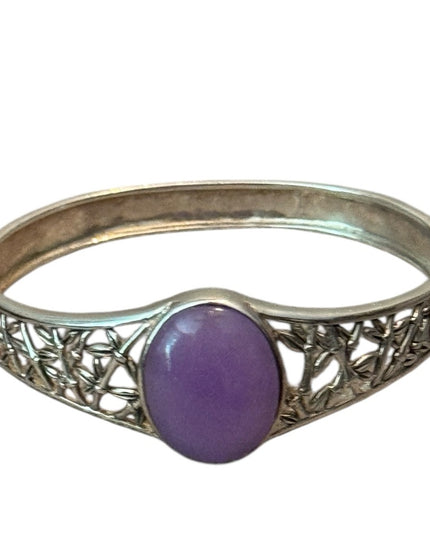 Elegant Sterling  Silver Bracelet  Ornate latched Bangle with Purple Jade Stone