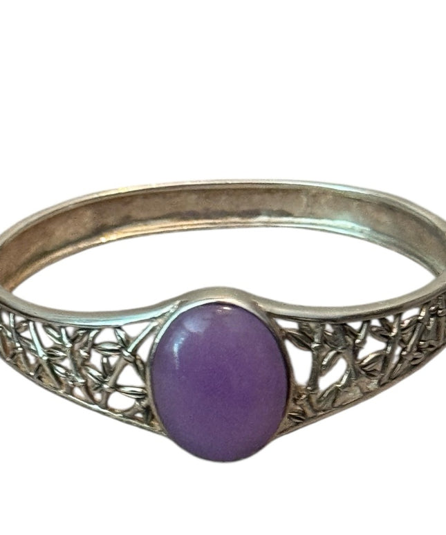 Elegant Sterling  Silver Bracelet  Ornate latched Bangle with Purple Jade Stone