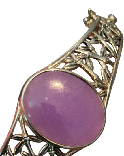 Elegant Sterling  Silver Bracelet  Ornate latched Bangle with Purple Jade Stone