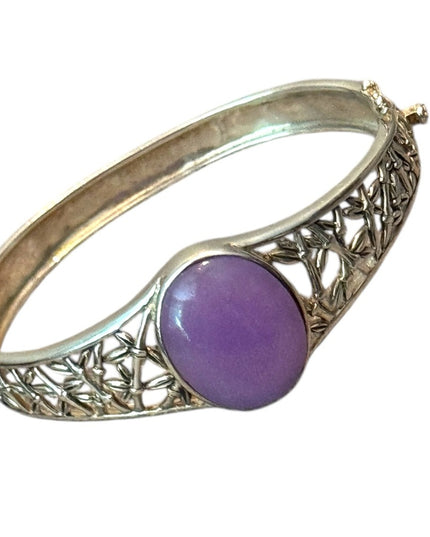 Elegant Sterling  Silver Bracelet  Ornate latched Bangle with Purple Jade Stone