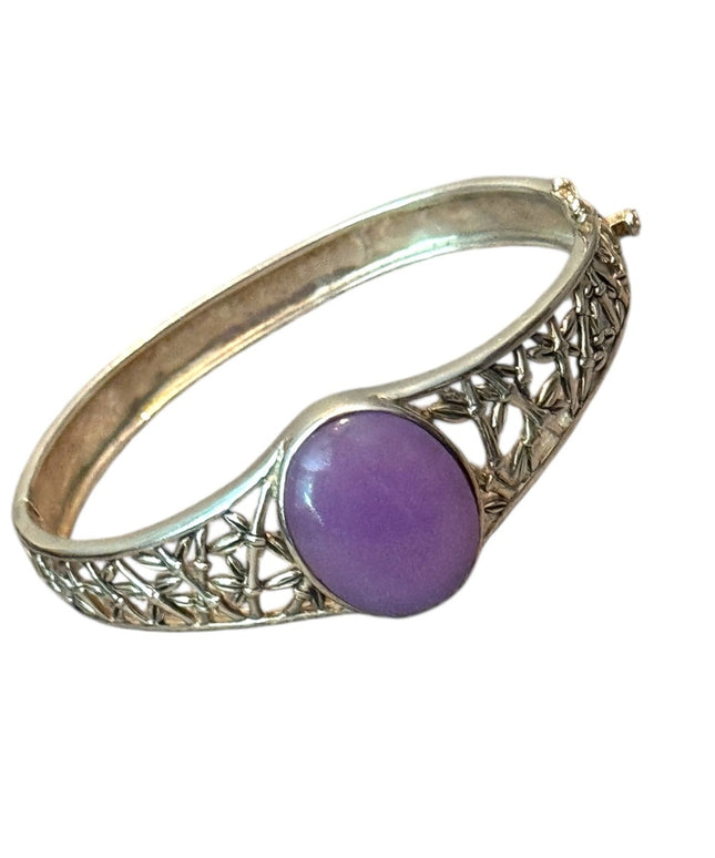 Elegant Sterling  Silver Bracelet  Ornate latched Bangle with Purple Jade Stone