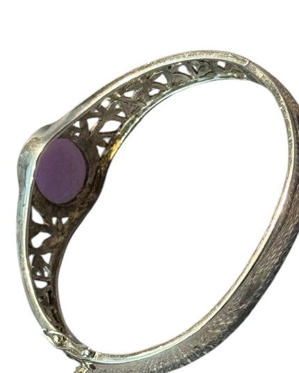 Elegant Sterling  Silver Bracelet  Ornate latched Bangle with Purple Jade Stone