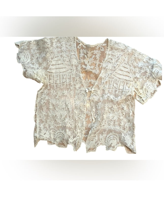 Elegant Antique Cream Lace Women Top 1920s Flapper Boudoir