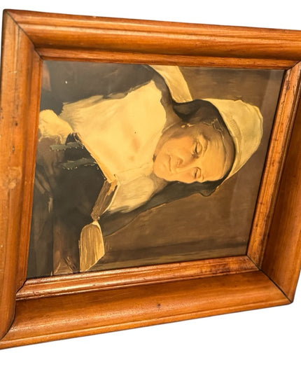 Antique 1800s Primitive Handmade Wooden Framed Art Print “The Comforter”