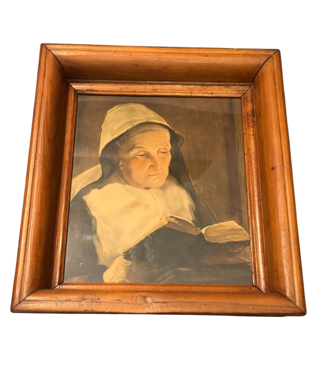 Antique 1800s Primitive Handmade Wooden Framed Art Print “The Comforter”