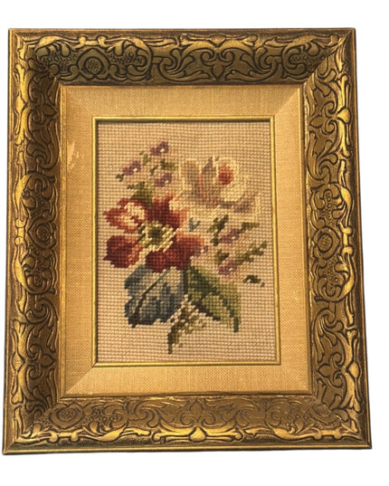Elegant Antique Gold Gilt Framed Floral Needlepoint Art