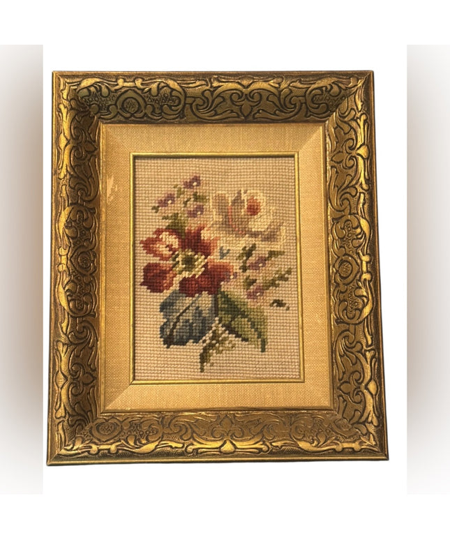Elegant Antique Gold Gilt Framed Floral Needlepoint Art