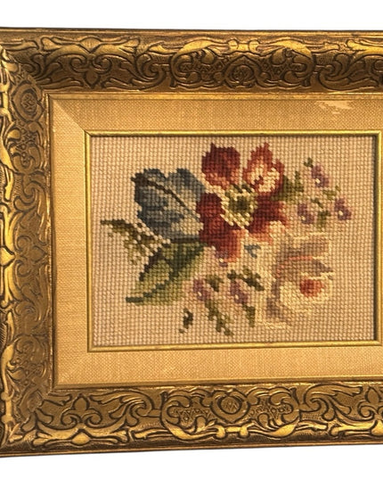 Elegant Antique Gold Gilt Framed Floral Needlepoint Art