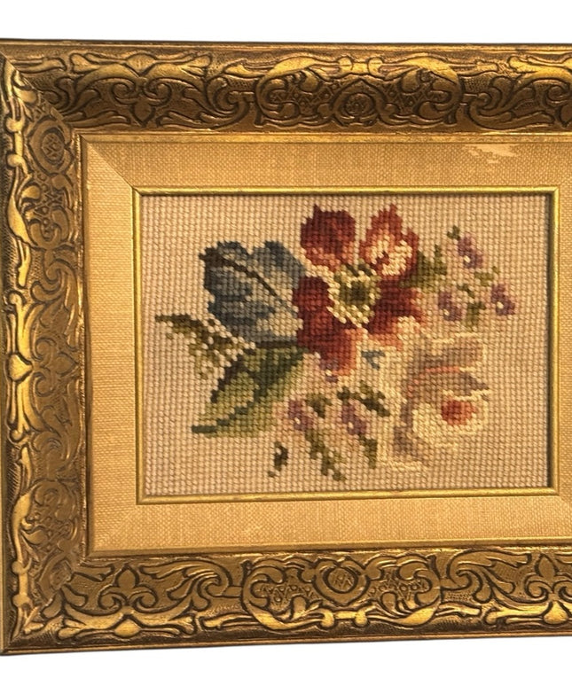 Elegant Antique Gold Gilt Framed Floral Needlepoint Art