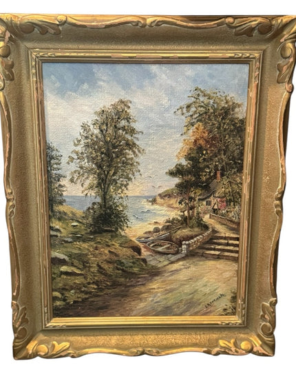 Elegant Vintage Gold Framed Signed Seaside Town Landscape Oil Painting