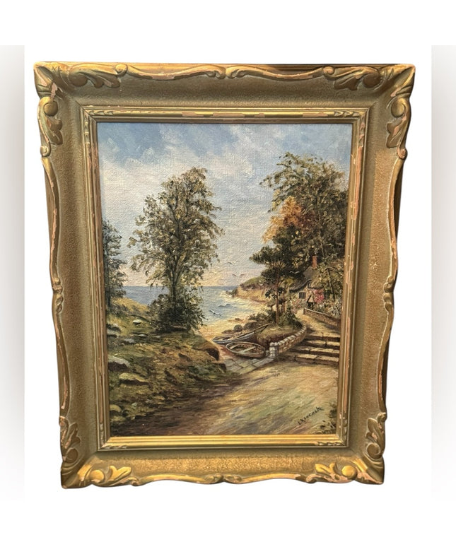 Elegant Vintage Gold Framed Signed Seaside Town Landscape Oil Painting