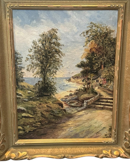 Elegant Vintage Gold Framed Signed Seaside Town Landscape Oil Painting