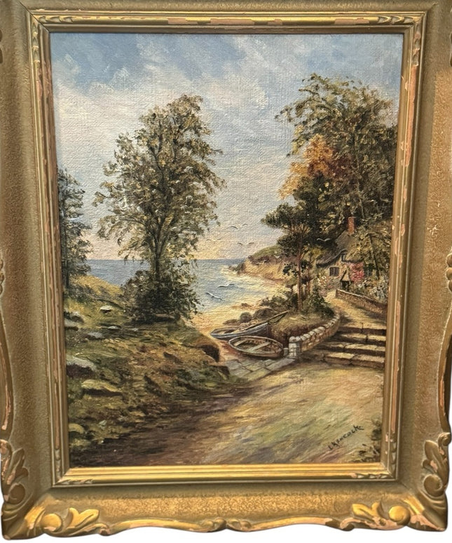 Elegant Vintage Gold Framed Signed Seaside Town Landscape Oil Painting