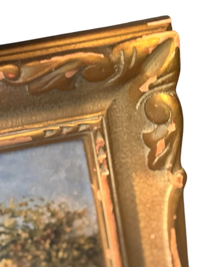 Elegant Vintage Gold Framed Signed Seaside Town Landscape Oil Painting