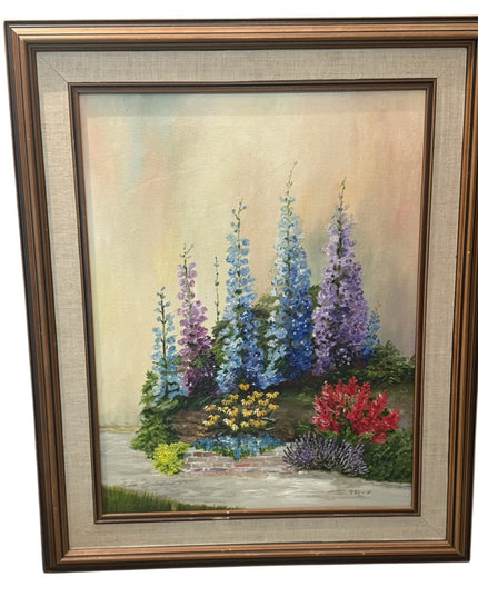 Vintage Floral Landscape Signed Oil Painting with Wooden Frame