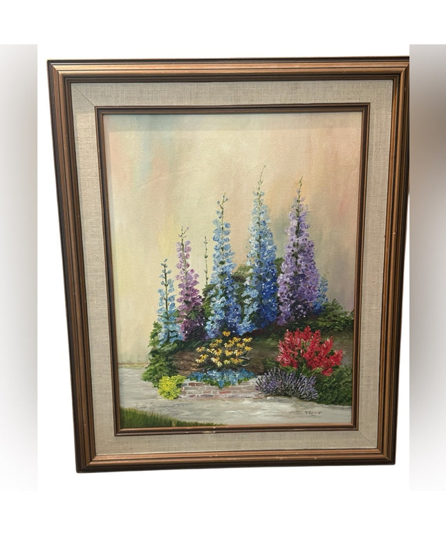 Vintage Floral Landscape Signed Oil Painting with Wooden Frame