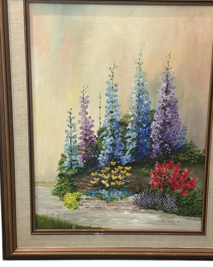 Vintage Floral Landscape Signed Oil Painting with Wooden Frame