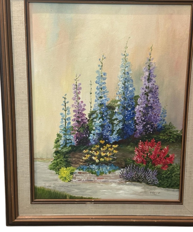 Vintage Floral Landscape Signed Oil Painting with Wooden Frame