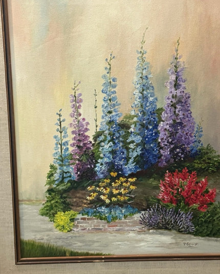 Vintage Floral Landscape Signed Oil Painting with Wooden Frame