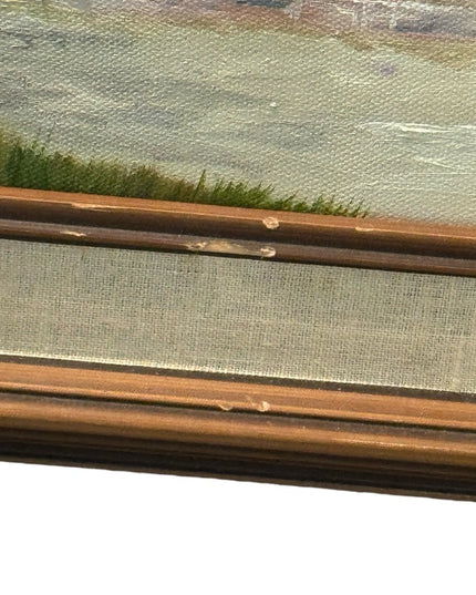 Vintage Floral Landscape Signed Oil Painting with Wooden Frame