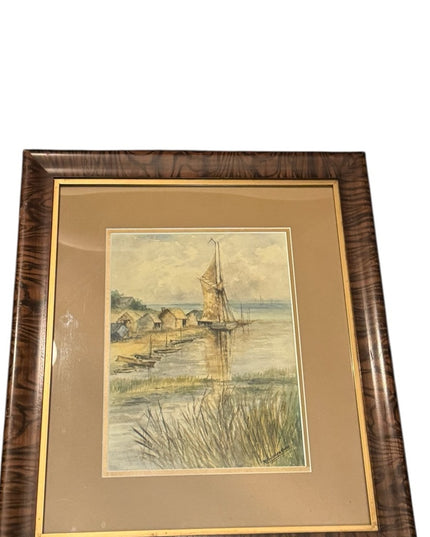 Framed Nautical Sailboat Watercolor Art Signed Antique Tiger oak frame