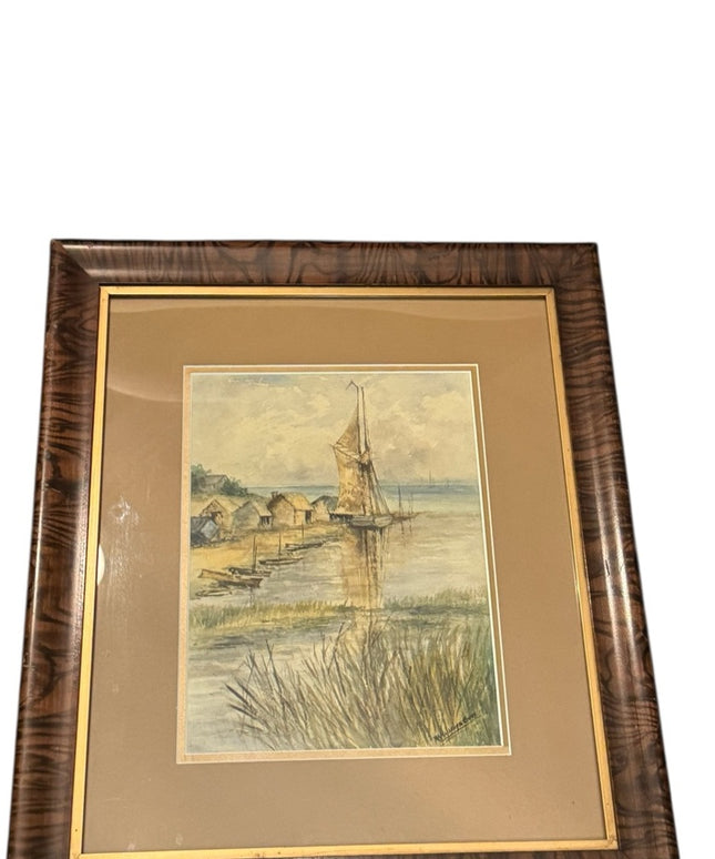 Framed Nautical Sailboat Watercolor Art Signed Antique Tiger oak frame