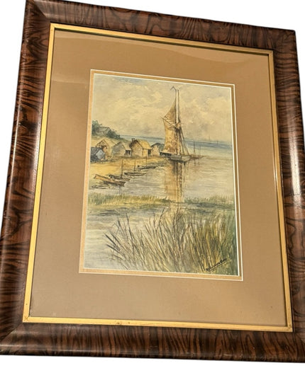 Framed Nautical Sailboat Watercolor Art Signed Antique Tiger oak frame