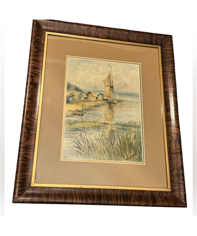 Framed Nautical Sailboat Watercolor Art Signed Antique Tiger oak frame