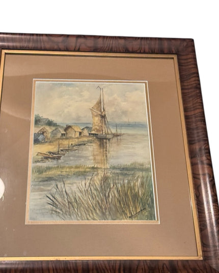 Framed Nautical Sailboat Watercolor Art Signed Antique Tiger oak frame