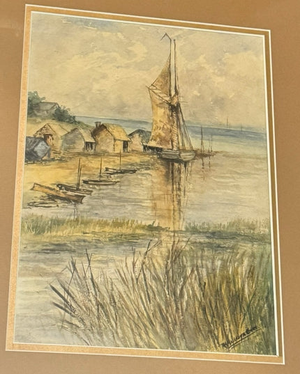 Framed Nautical Sailboat Watercolor Art Signed Antique Tiger oak frame